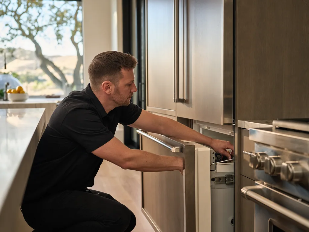 A technician servicing a built-in refrigerator in a Campbell, California kitchen