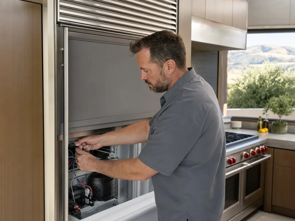 A technician servicing a built-in refrigerator in a Cupertino, California kitchen