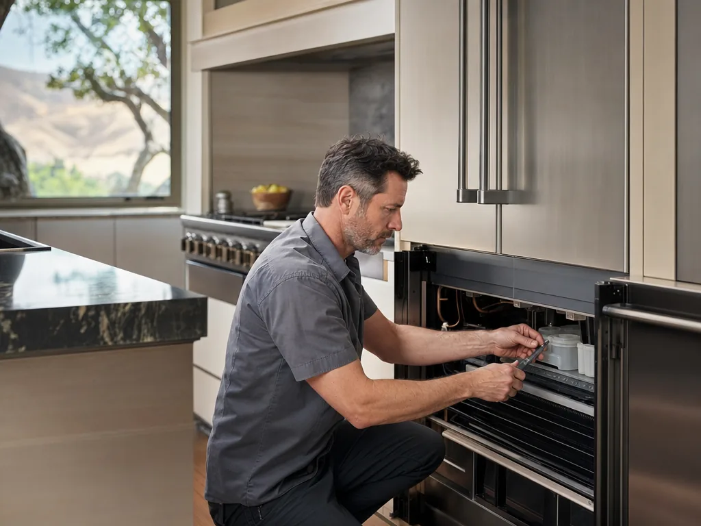 A technician servicing a built-in refrigerator in a Los Gatos, California kitchen