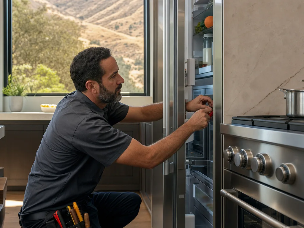 A technician servicing a built-in refrigerator in a Milpitas, California kitchen
