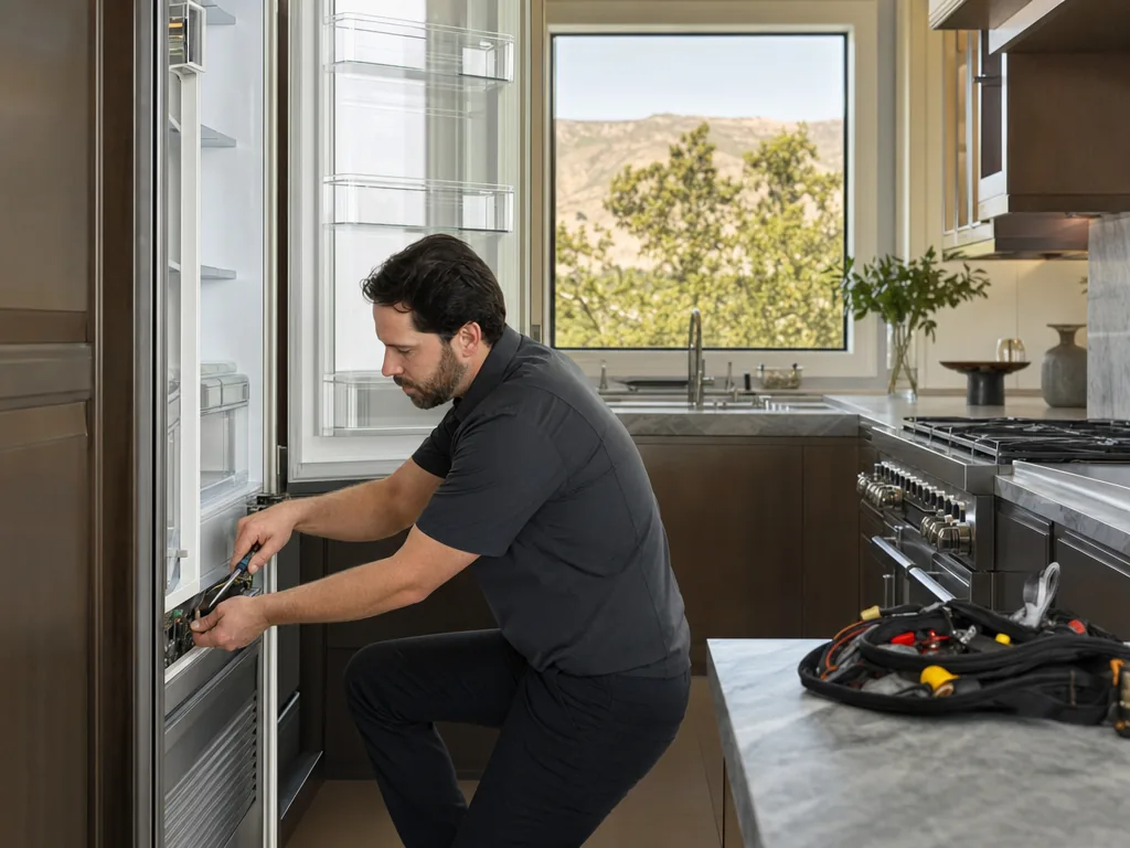 A technician servicing a built-in refrigerator in a Mountain View, California kitchen
