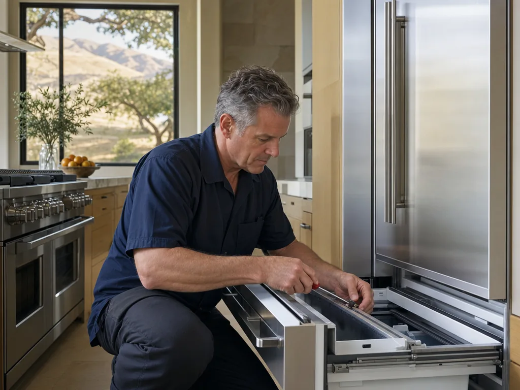 A technician servicing a built-in refrigerator in a Santa Clara, California kitchen