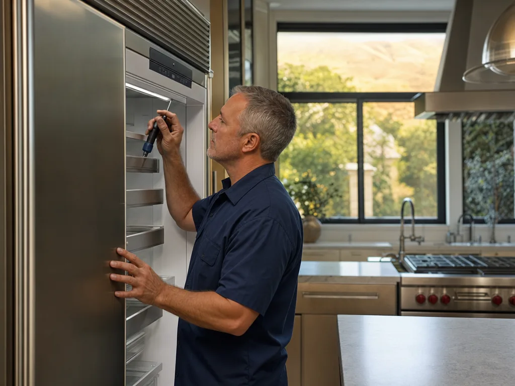 A technician servicing a built-in refrigerator in a Saratoga, California kitchen