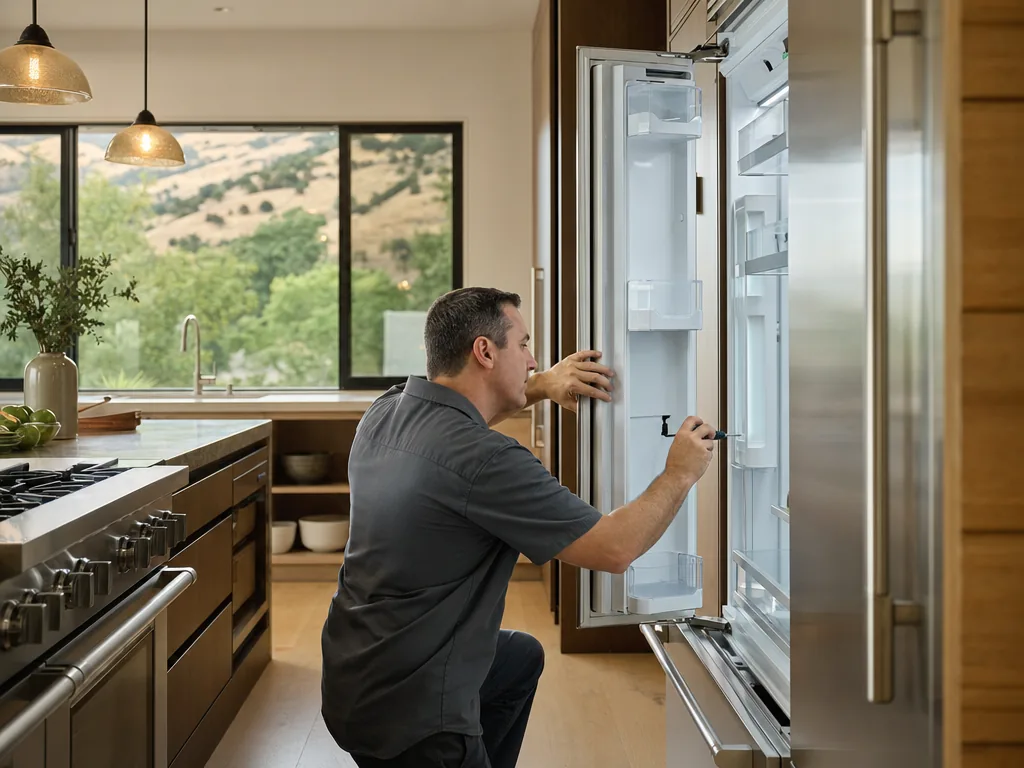 A technician servicing a built-in refrigerator in a Sunnyvale, California kitchen