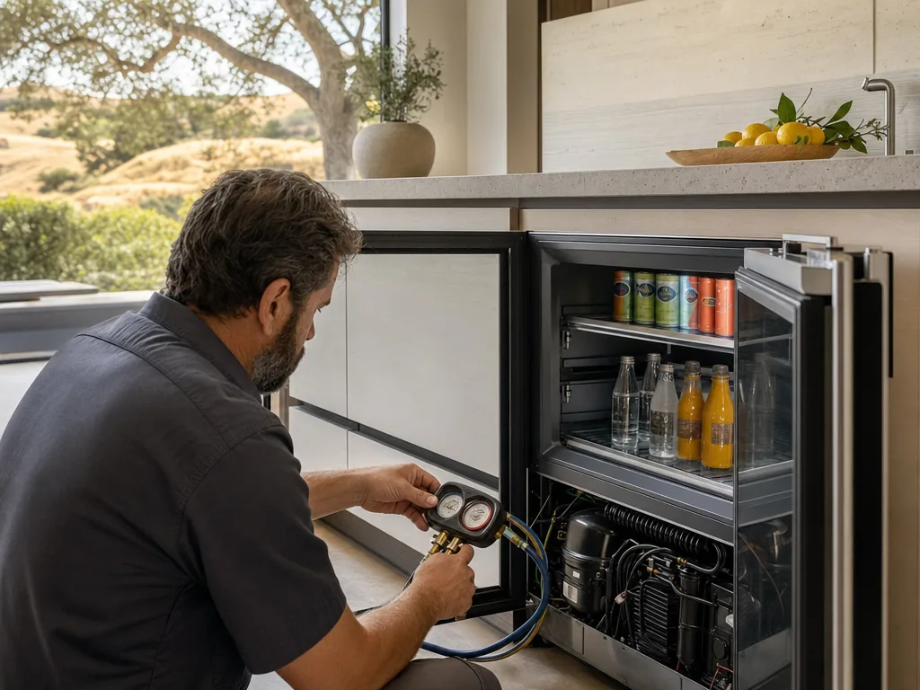 Technician repairing a built-in beverage center in a San Jose kitchen