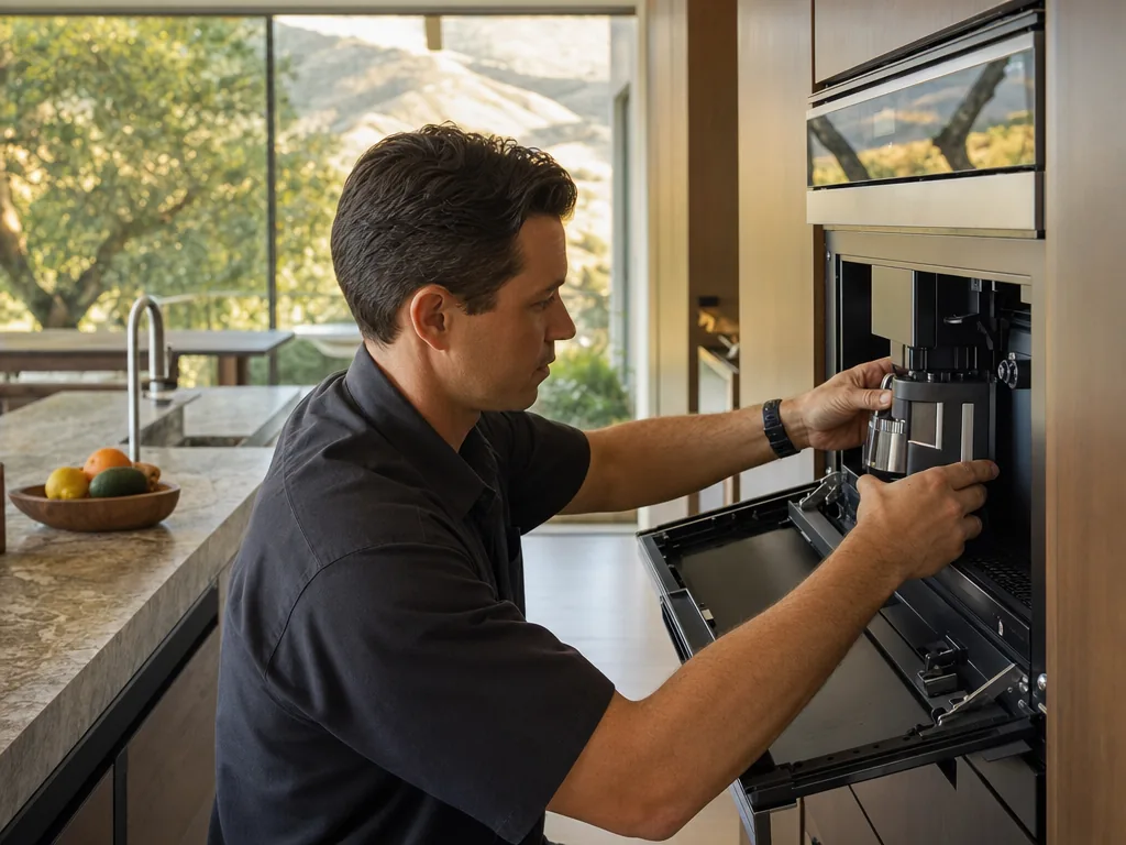 Technician repairing a built-in coffee system in a San Jose kitchen