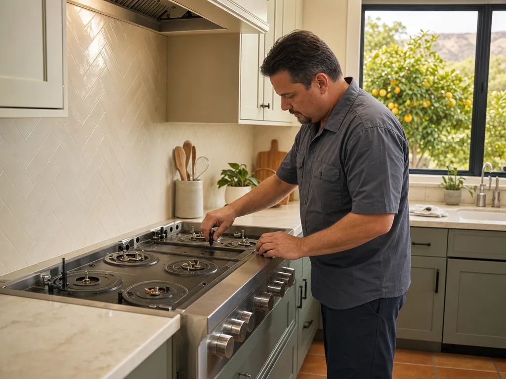 Technician repairing a built-in cooktop in a San Jose kitchen