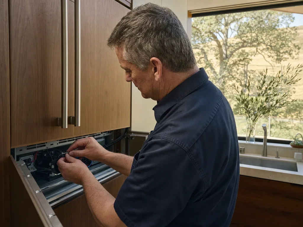 Technician servicing a Dacor built-in appliance in a San Jose home