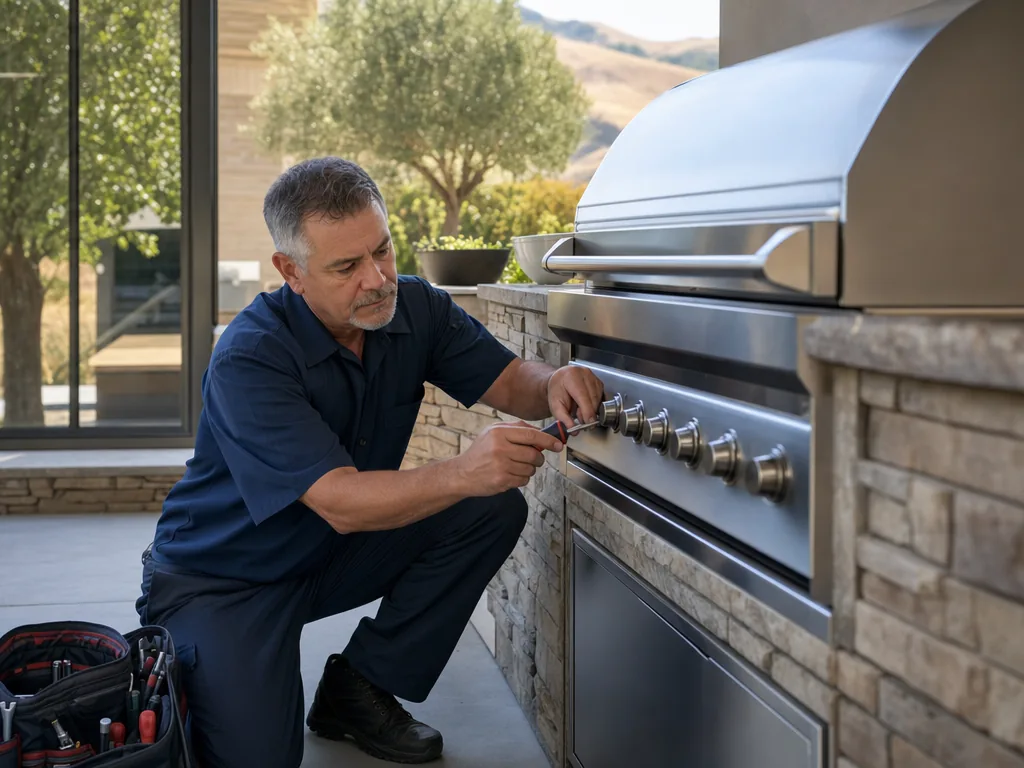 Technician servicing a DCS built-in appliance in a San Jose home