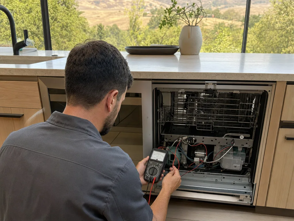 Technician repairing a built-in dishwasher in a San Jose kitchen