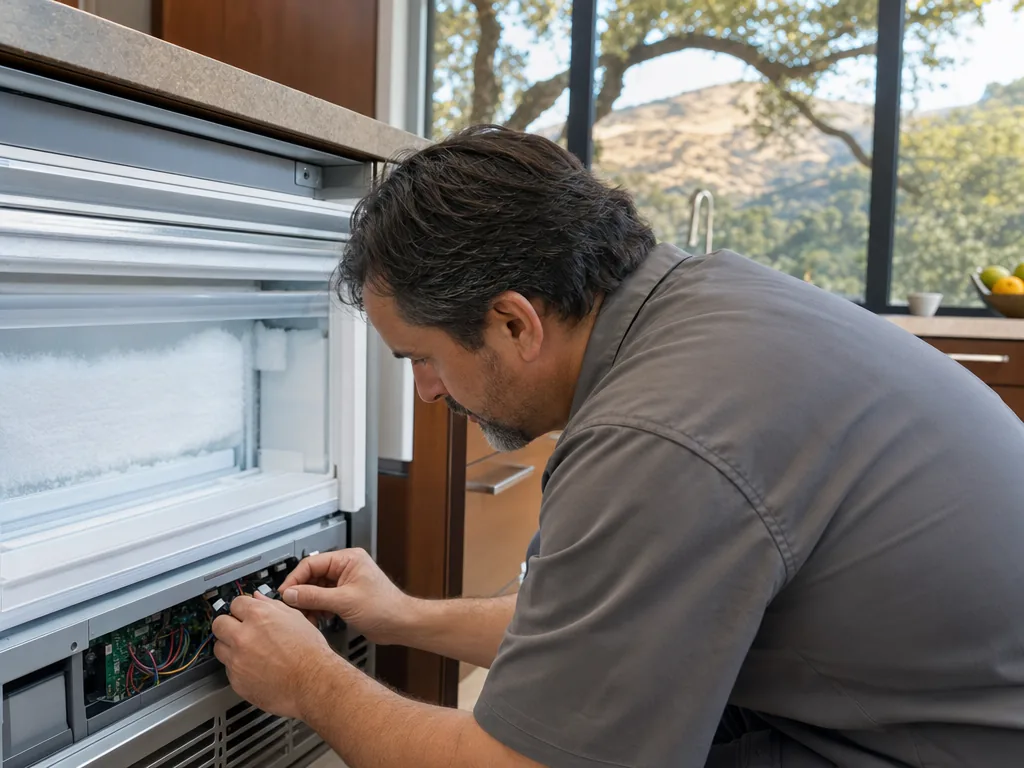 Technician repairing a built-in freezer in a San Jose kitchen
