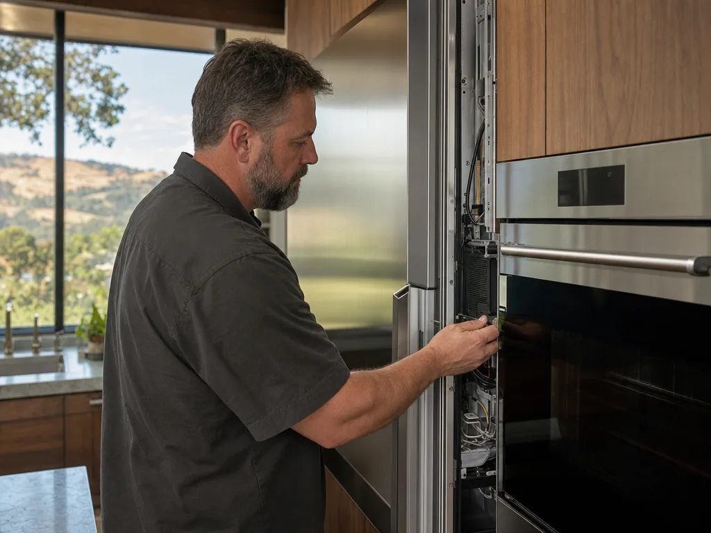 Technician servicing a GE Monogram built-in appliance in a San Jose home