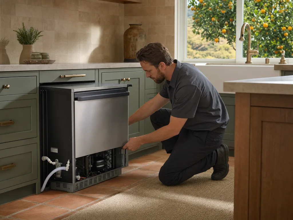Technician repairing a built-in ice maker in a San Jose kitchen