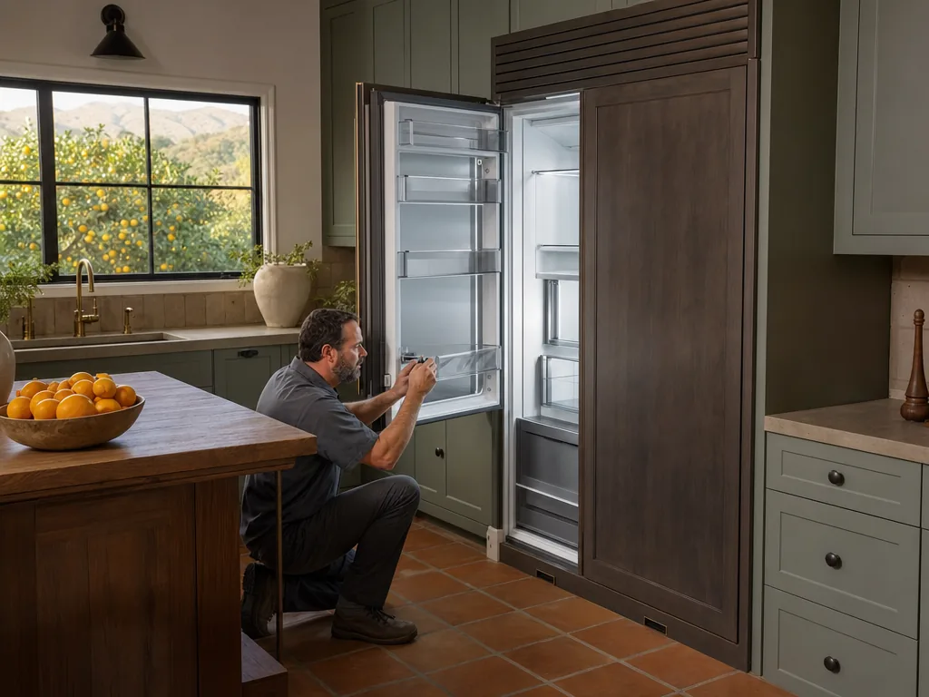 Technician servicing a JennAir built-in appliance in a San Jose home