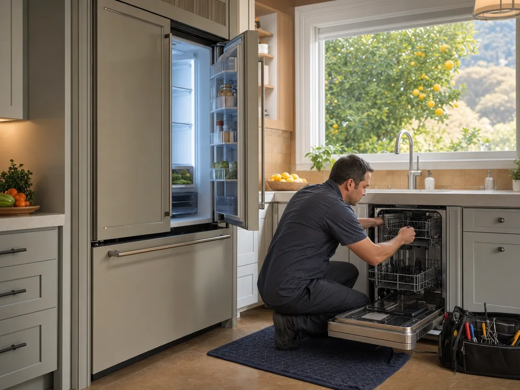 Technician servicing a KitchenAid built-in appliance in a San Jose home
