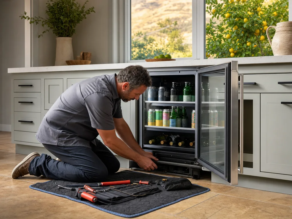 Built-in beverage center opened for repair in a San Jose kitchen