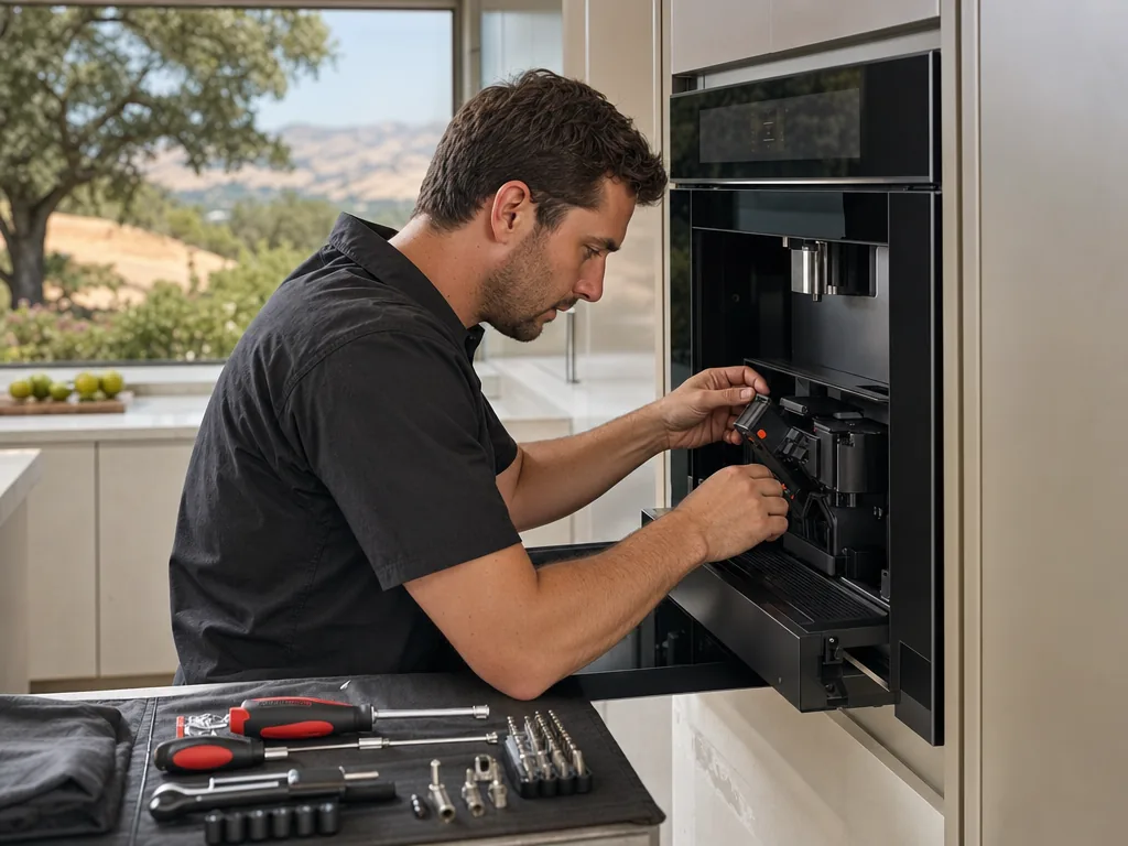 Built-in coffee system opened for repair in a San Jose kitchen
