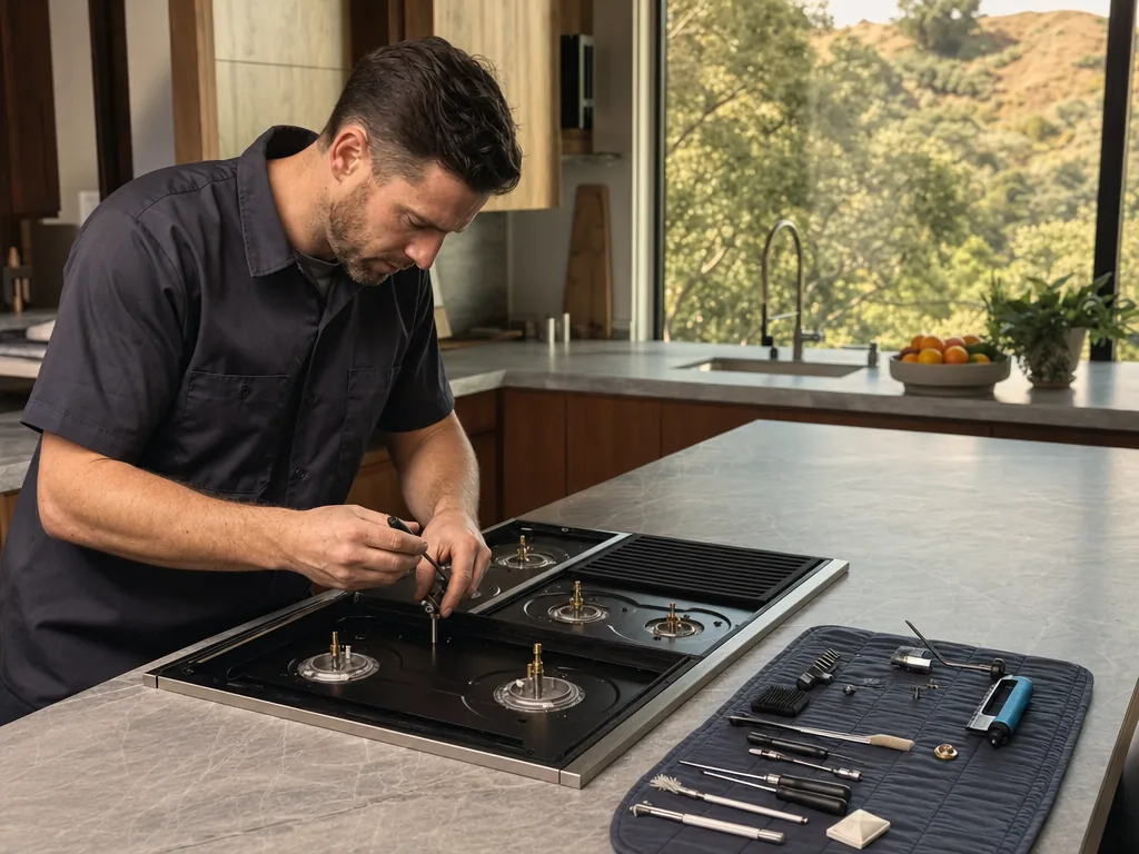 Built-in cooktop opened for repair in a San Jose kitchen