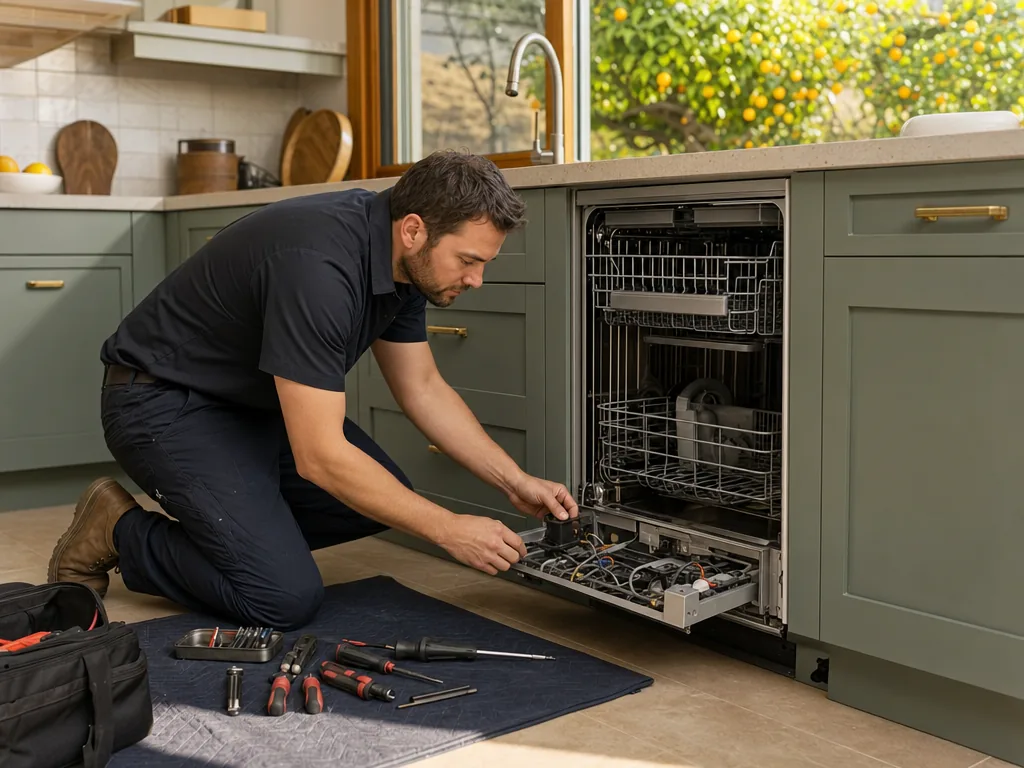 Built-in dishwasher opened for repair in a San Jose kitchen
