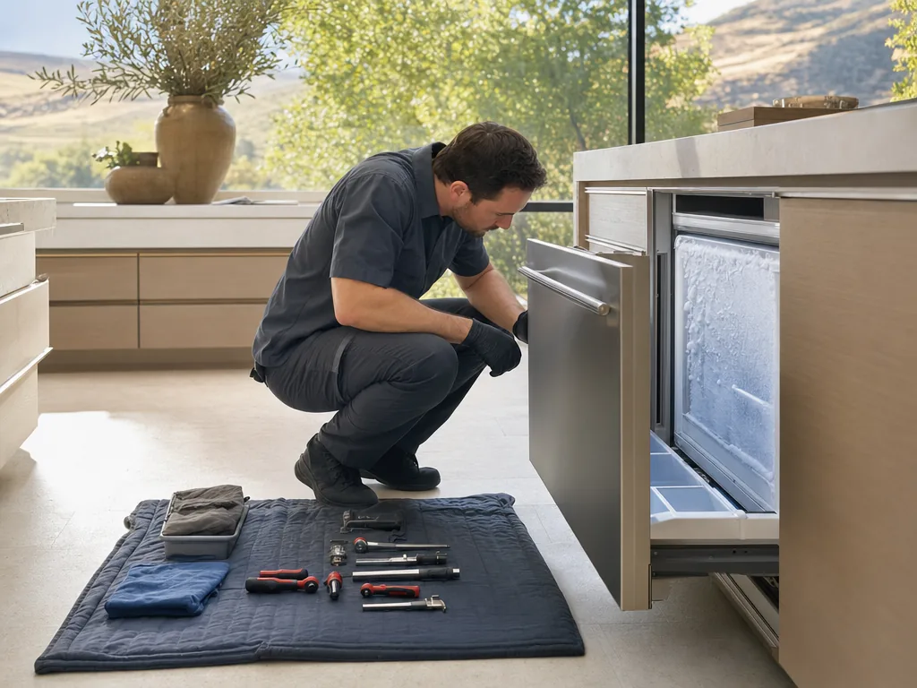 Built-in freezer opened for repair in a San Jose kitchen