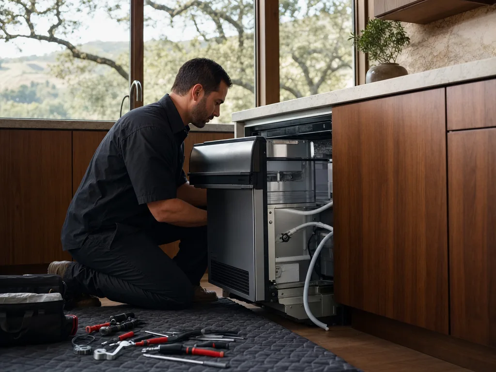 Built-in ice maker opened for repair in a San Jose kitchen