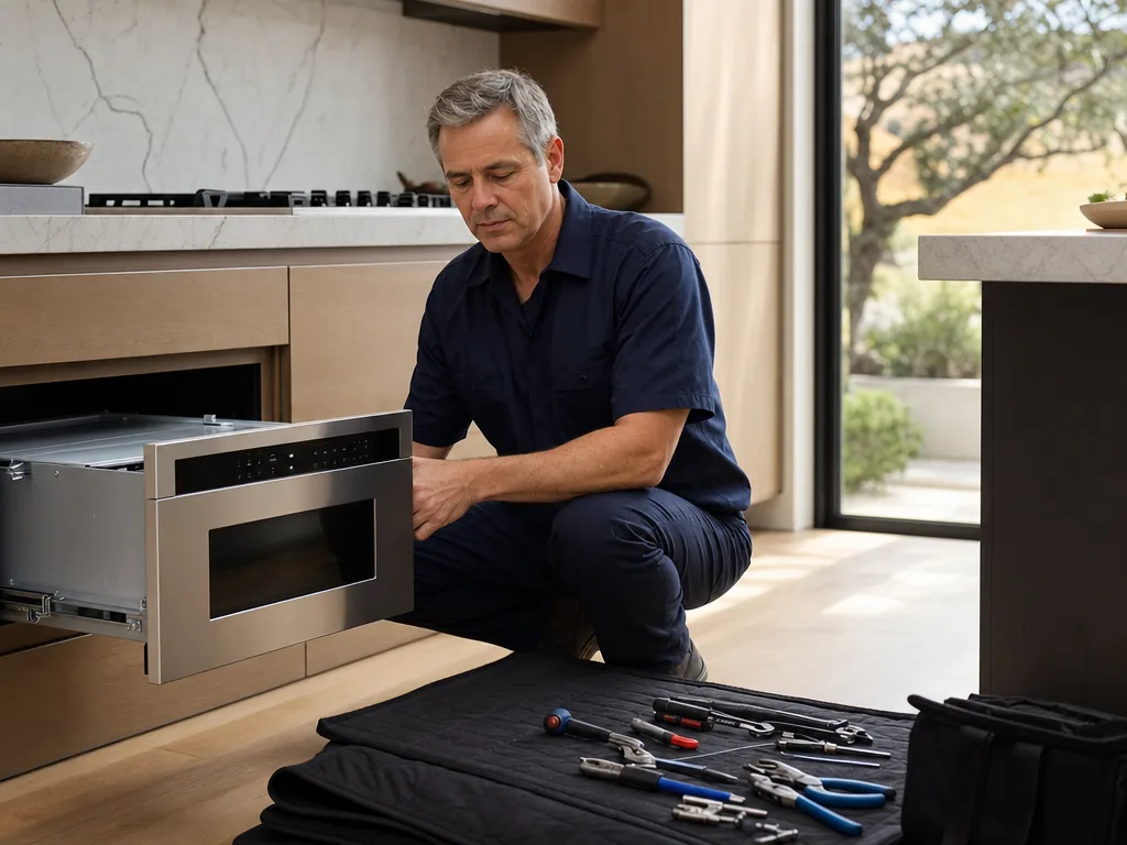 Built-in microwave opened for repair in a San Jose kitchen