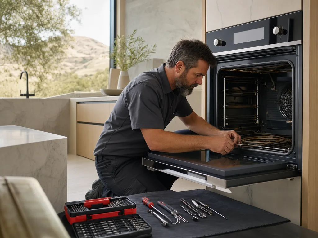 Built-in oven opened for repair in a San Jose kitchen