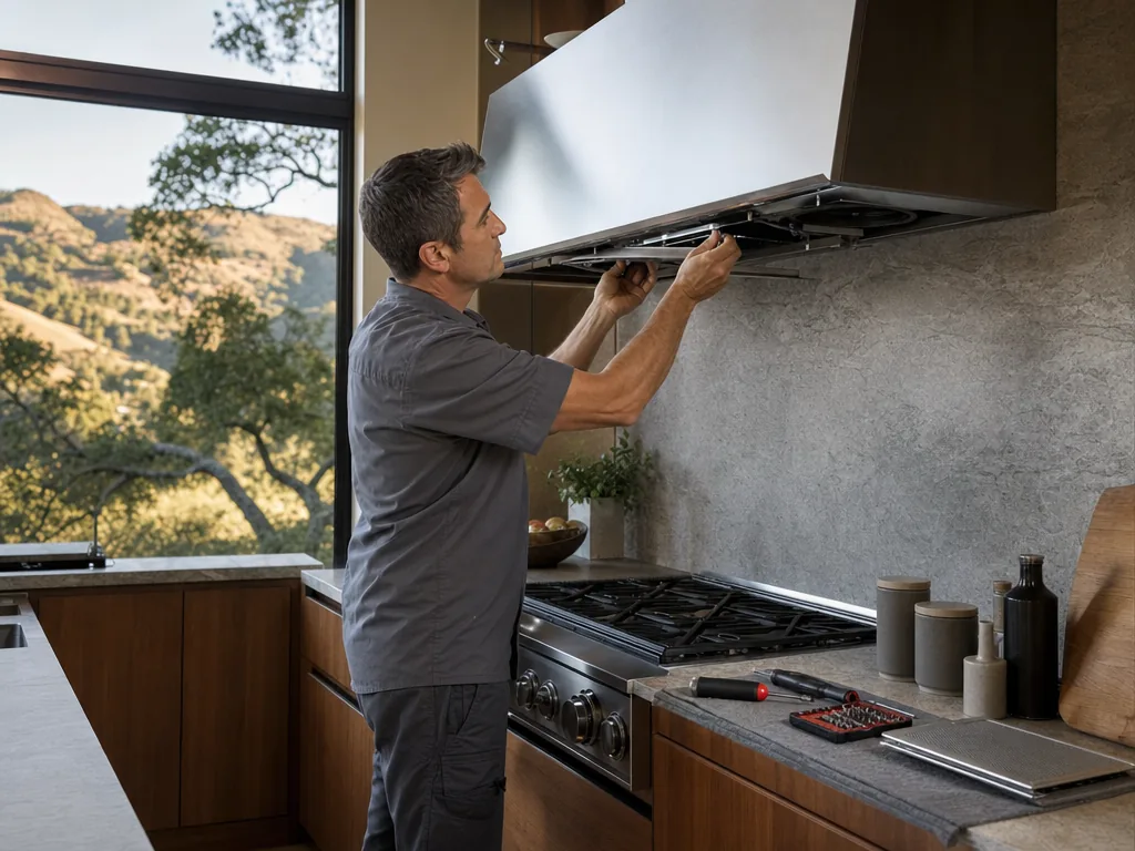 Built-in range hood opened for repair in a San Jose kitchen