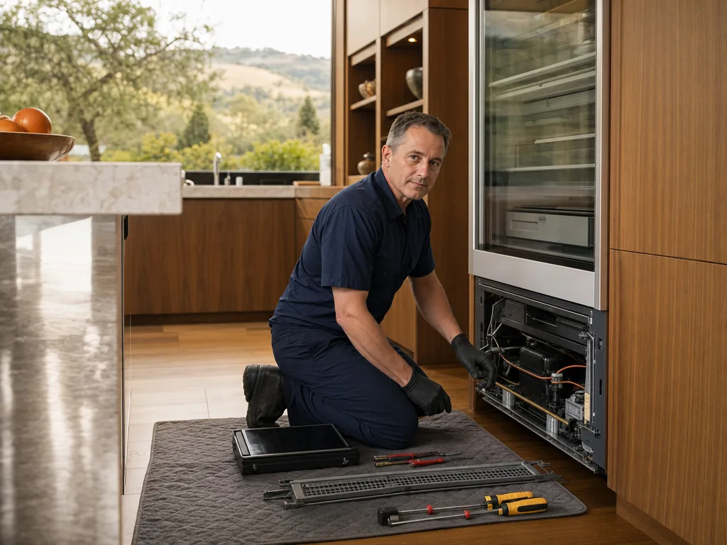 Built-in refrigerator opened for repair in a San Jose kitchen