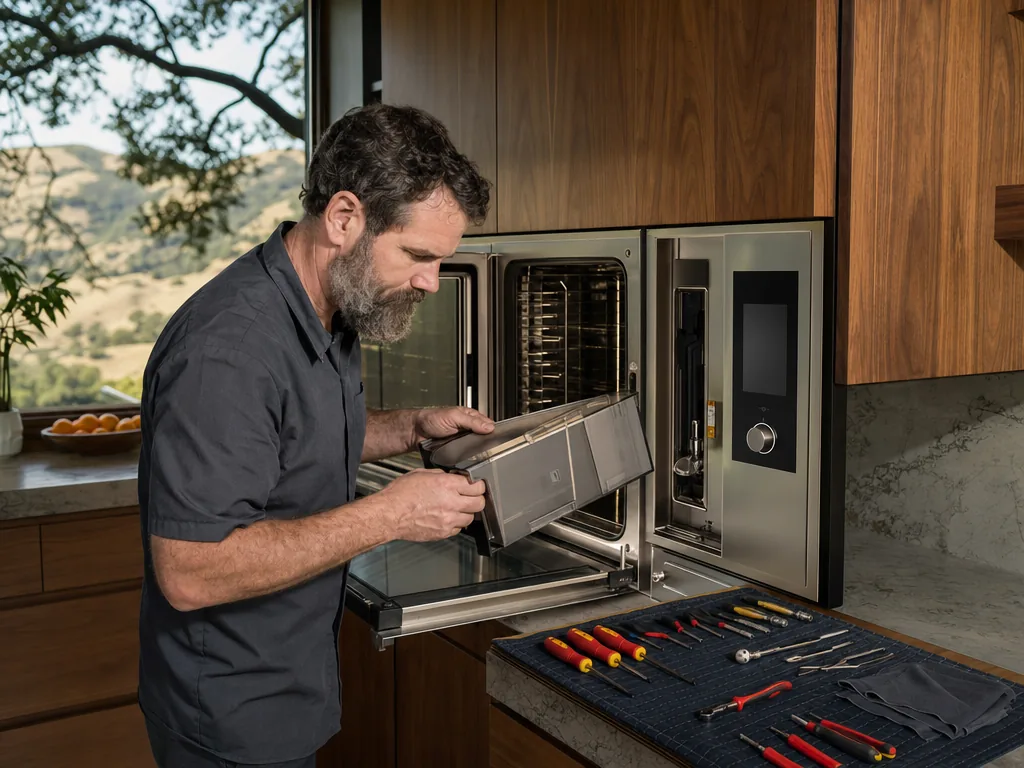 Built-in steam oven opened for repair in a San Jose kitchen