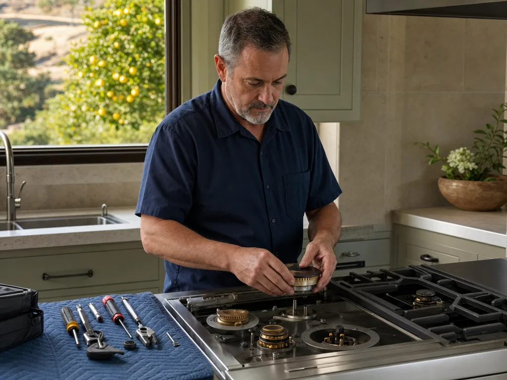 Built-in stove opened for repair in a San Jose kitchen