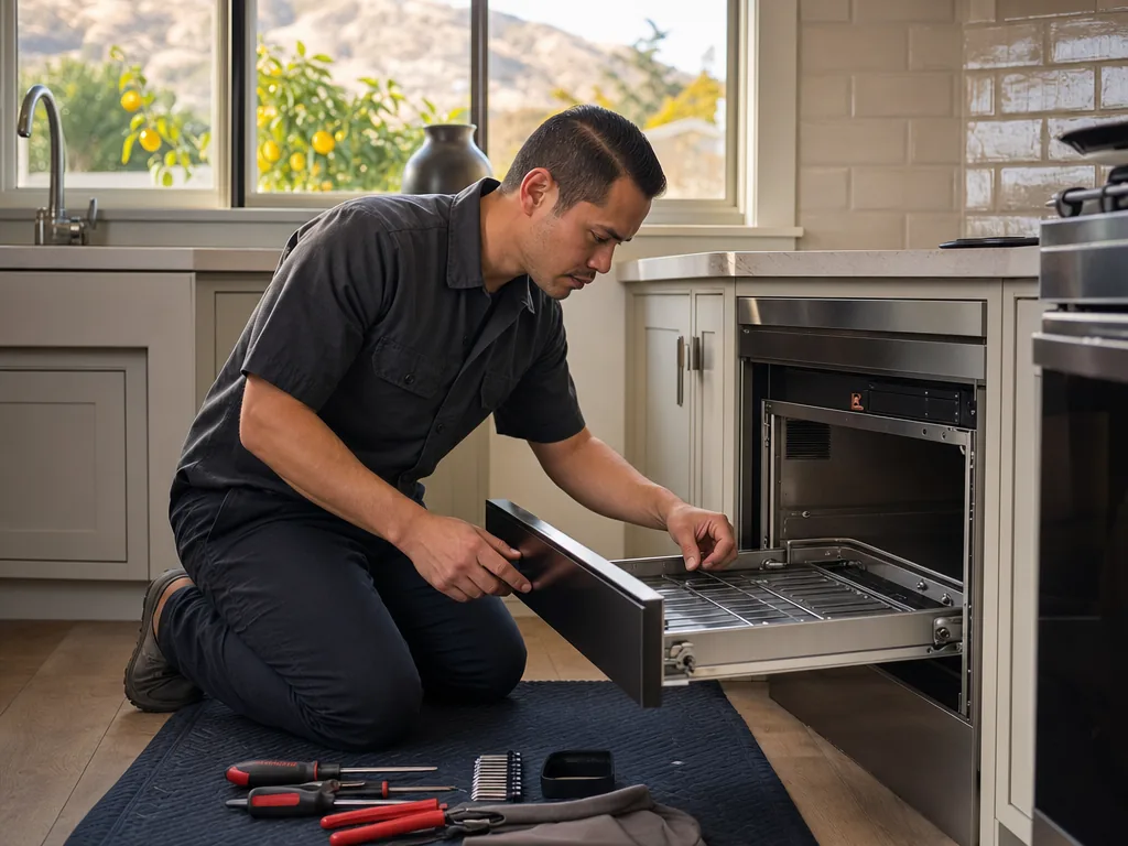 Built-in warming drawer opened for repair in a San Jose kitchen