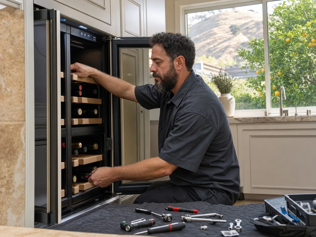 Built-in wine cooler opened for repair in a San Jose kitchen