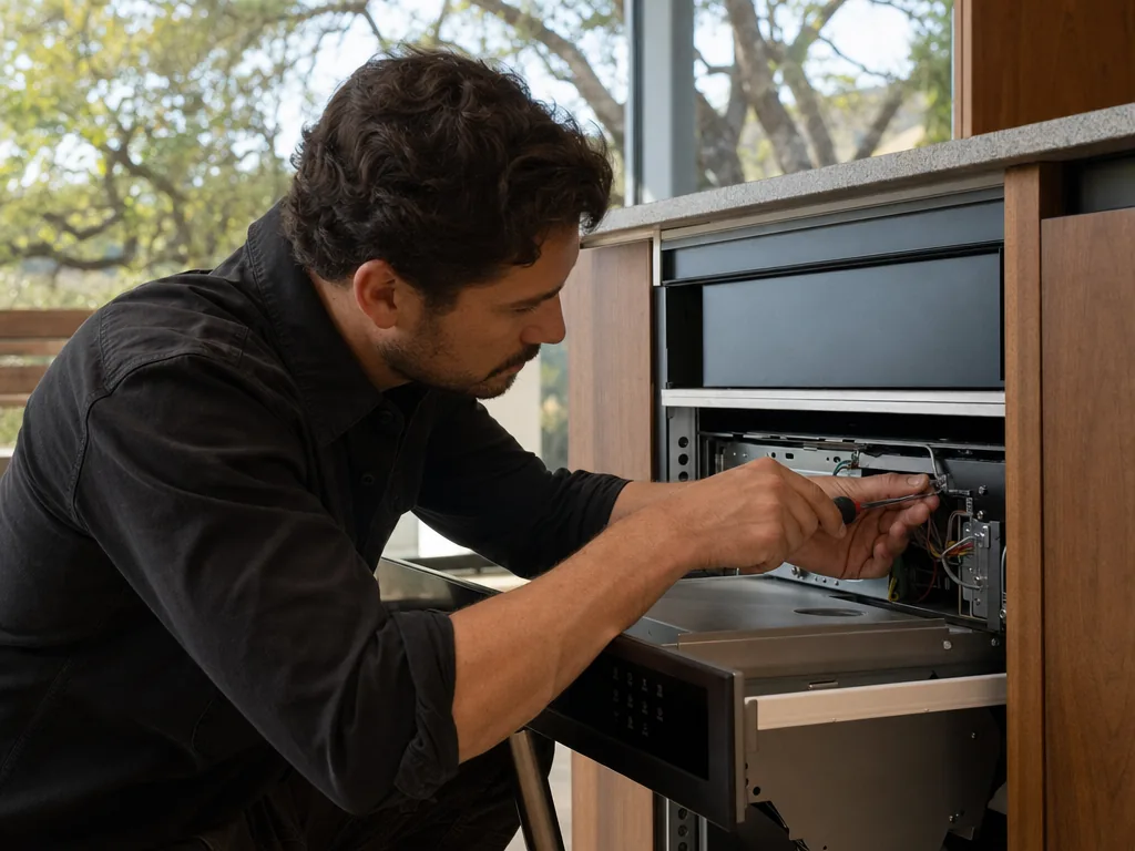 Technician repairing a built-in microwave in a San Jose kitchen