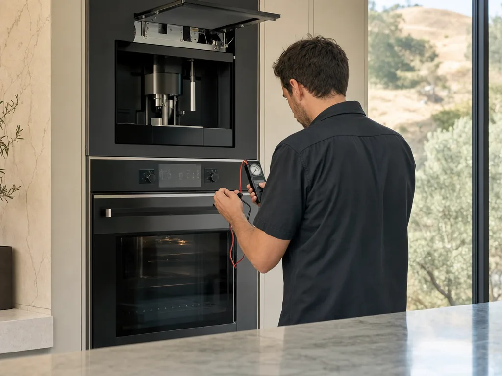 Technician servicing a Miele built-in appliance in a San Jose home