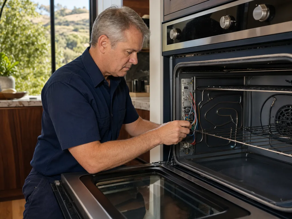Technician repairing a built-in oven in a San Jose kitchen