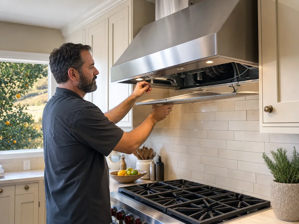 Technician repairing a built-in range hood in a San Jose kitchen