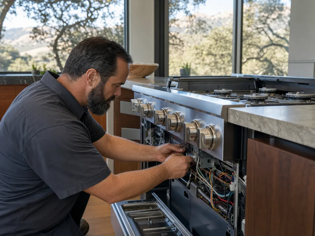Technician repairing a built-in range in a San Jose kitchen