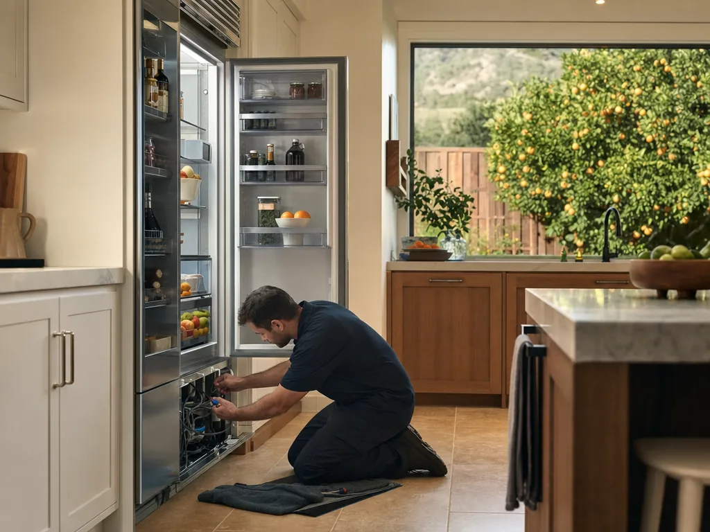 Technician repairing a built-in refrigerator in a San Jose kitchen
