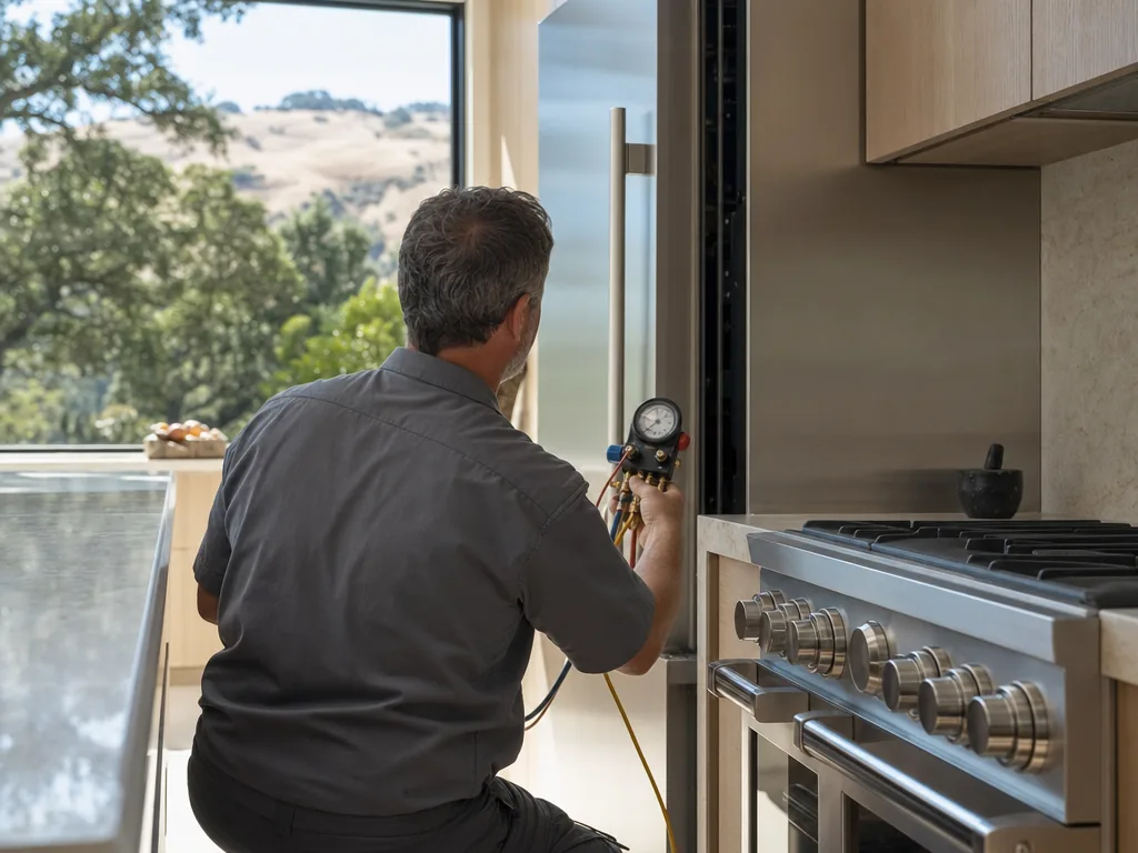 Technician servicing a Samsung built-in appliance in a San Jose home