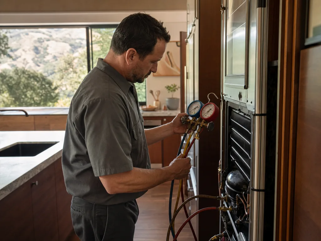 Sealed-system pressure testing during an appliance repair visit in San Jose, California