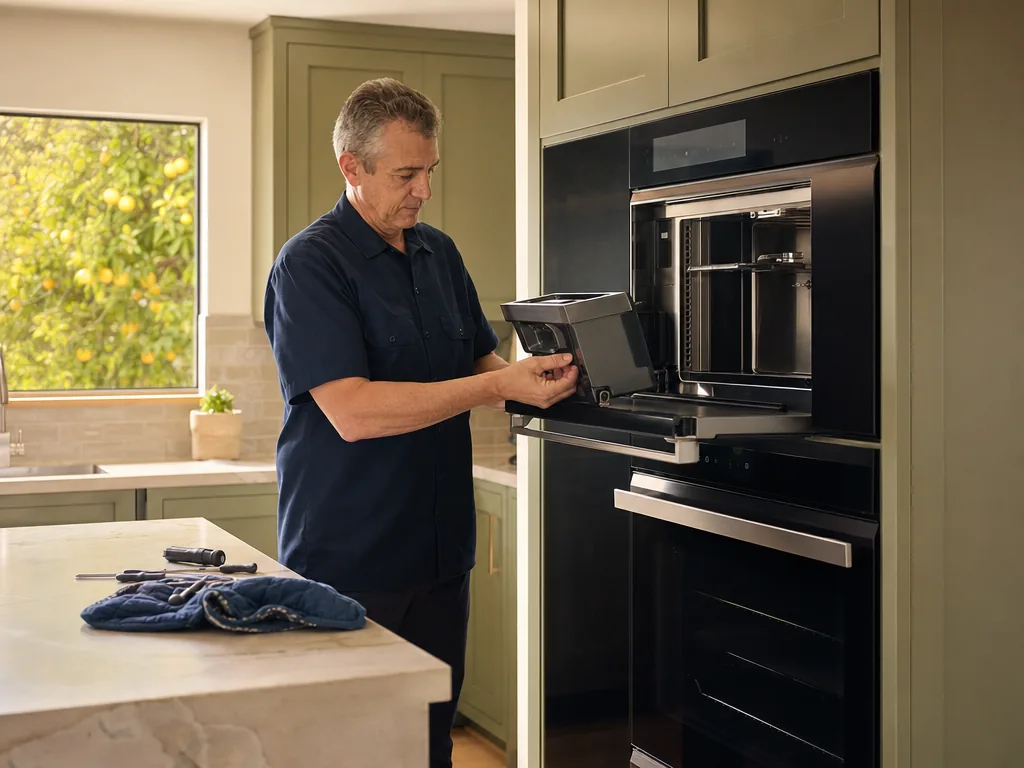 Technician repairing a built-in steam oven in a San Jose kitchen