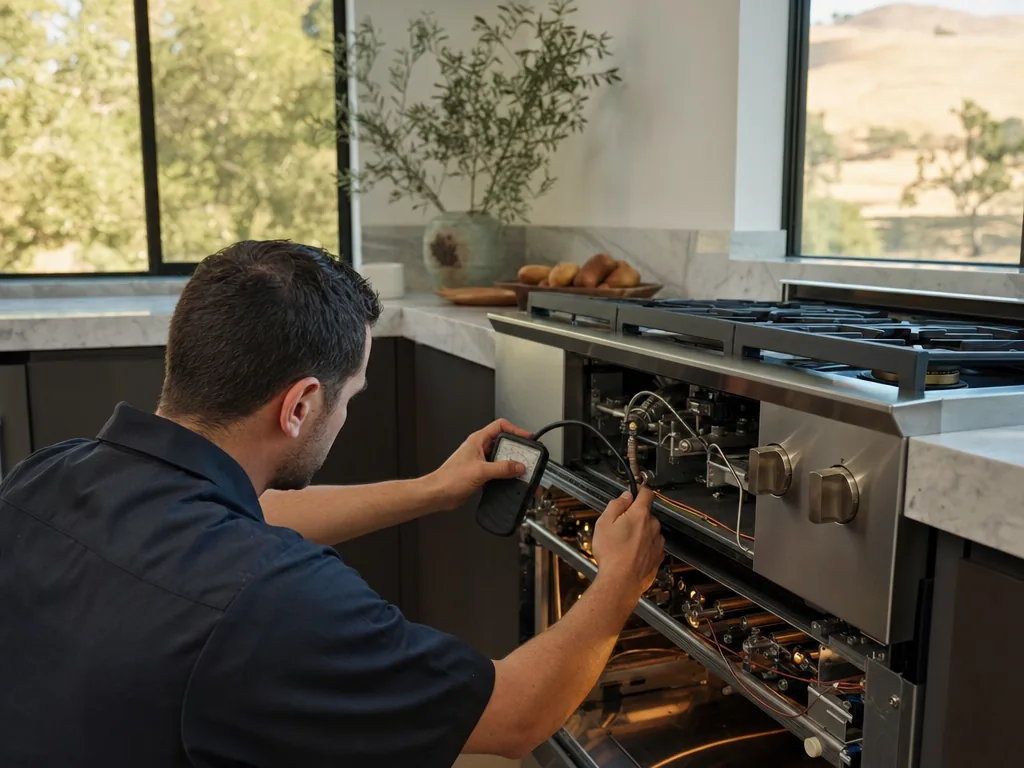 Technician repairing a built-in stove in a San Jose kitchen