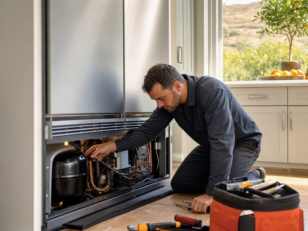 Technician servicing a built-in Sub-Zero refrigerator in a San Jose kitchen
