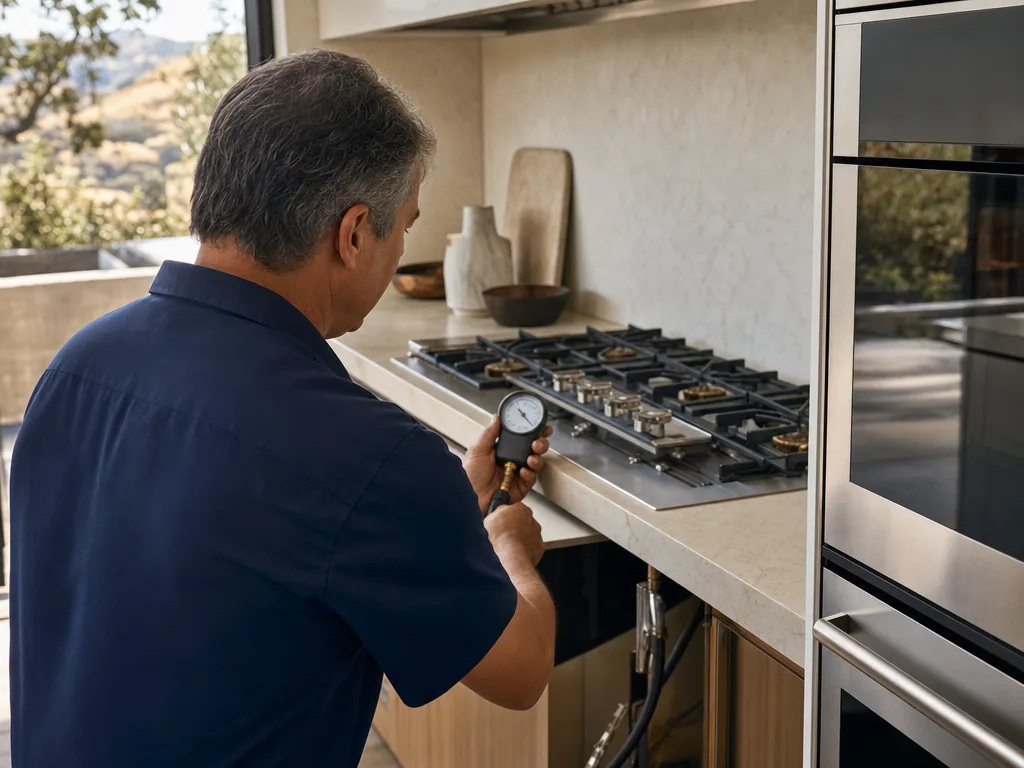 Technician servicing a Thermador built-in appliance in a San Jose home