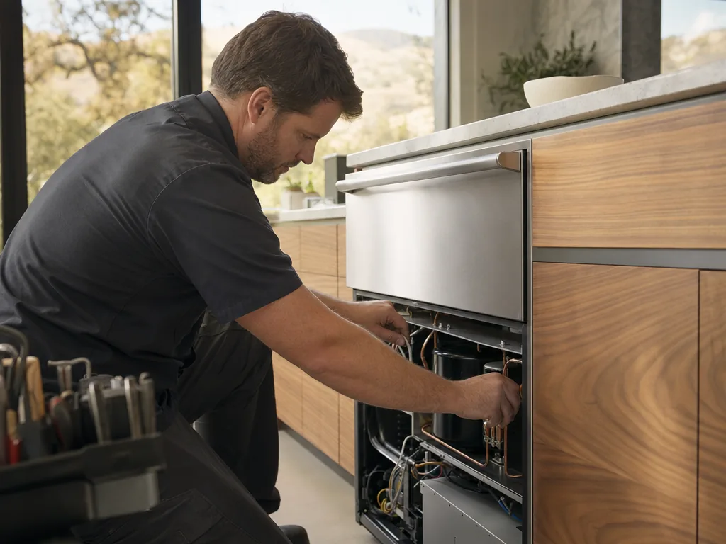 Technician servicing a U-Line built-in appliance in a San Jose home