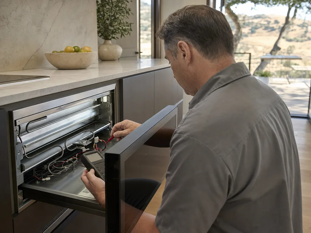 Technician repairing a built-in warming drawer in a San Jose kitchen