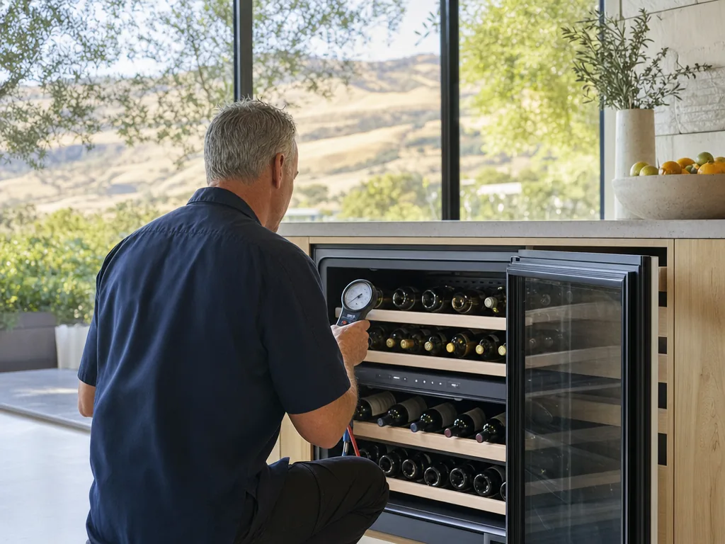 Technician repairing a built-in wine cooler in a San Jose kitchen