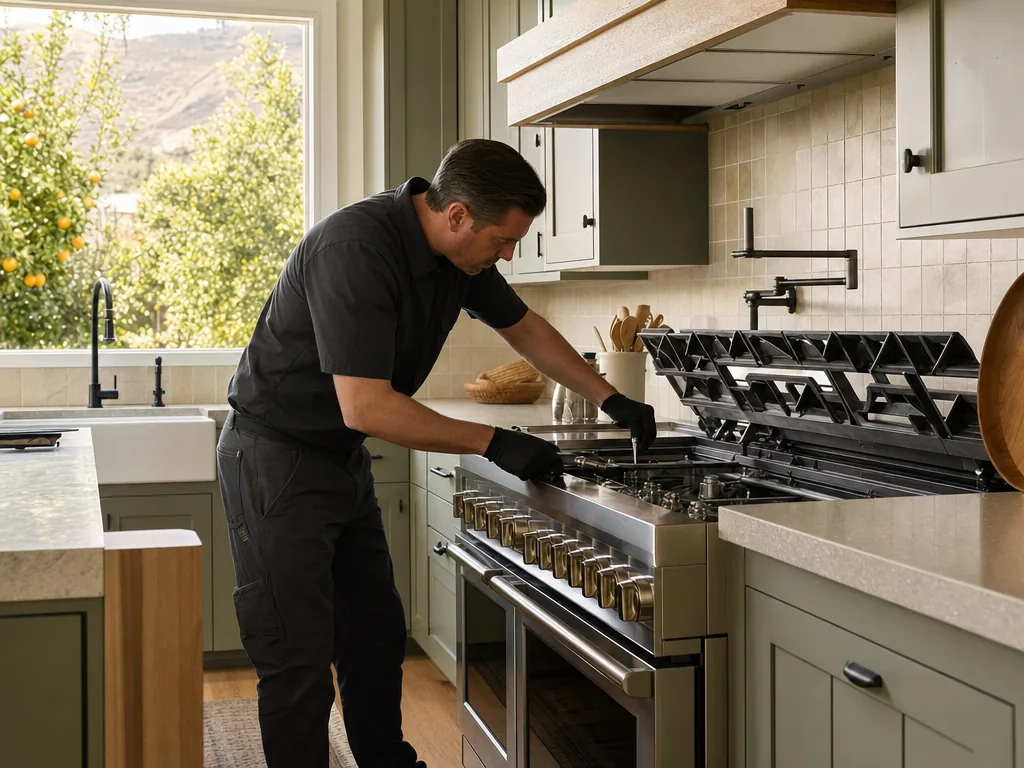Technician servicing a Wolf built-in appliance in a San Jose home